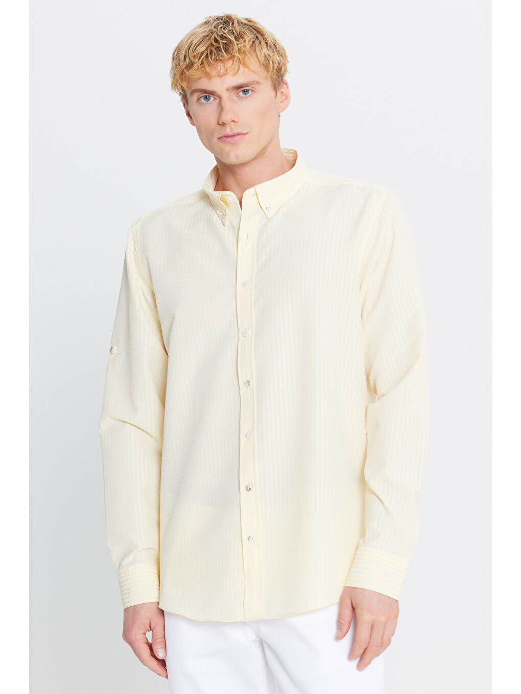 Erkek Sarı Tailored Slim Fit Dar Kesim Düğmeli Yaka Gofre Desenli Gömlek-2