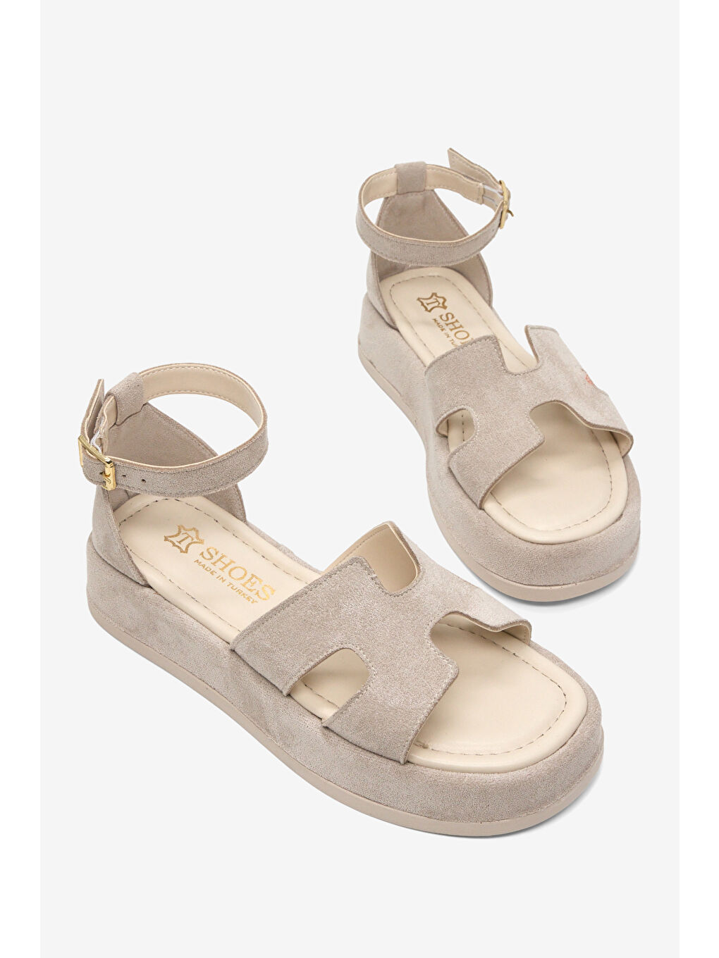 Kadın Bej Süet Rahat Kalıp Bilekten Bağlanmalı Sandalet-2