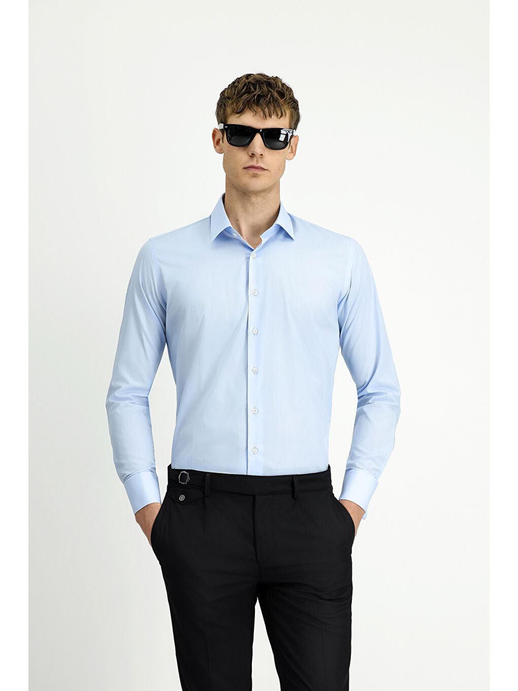 Mavi Uzun Kol Slim Fit Dar Kesim Klasik Manşetli Pamuk Gömlek