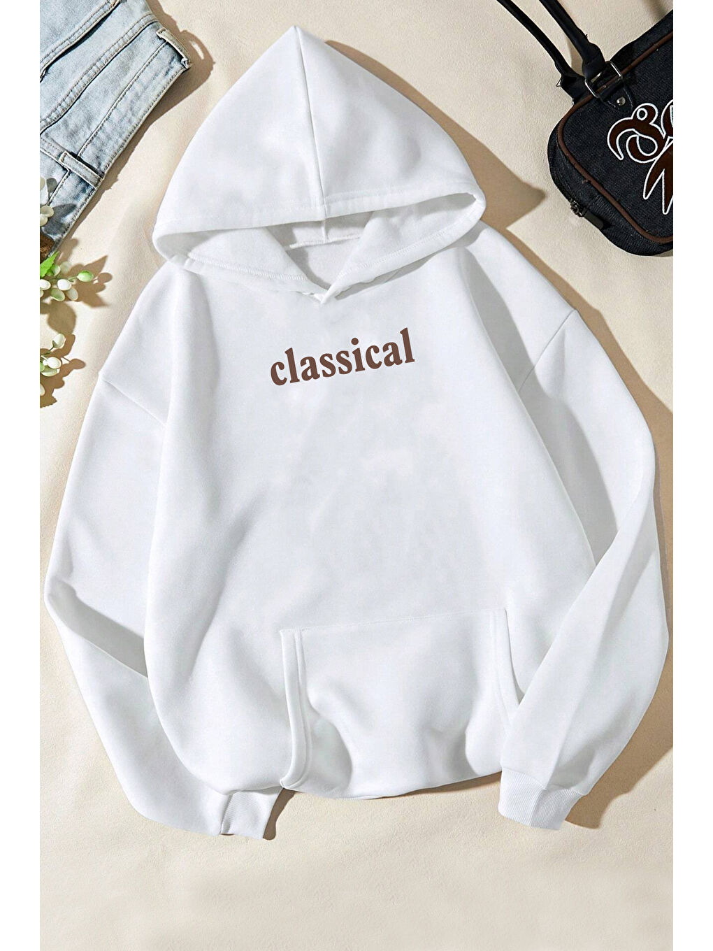 uyguntarz Beyaz Classical Baskılı Oversize Sweatshirt