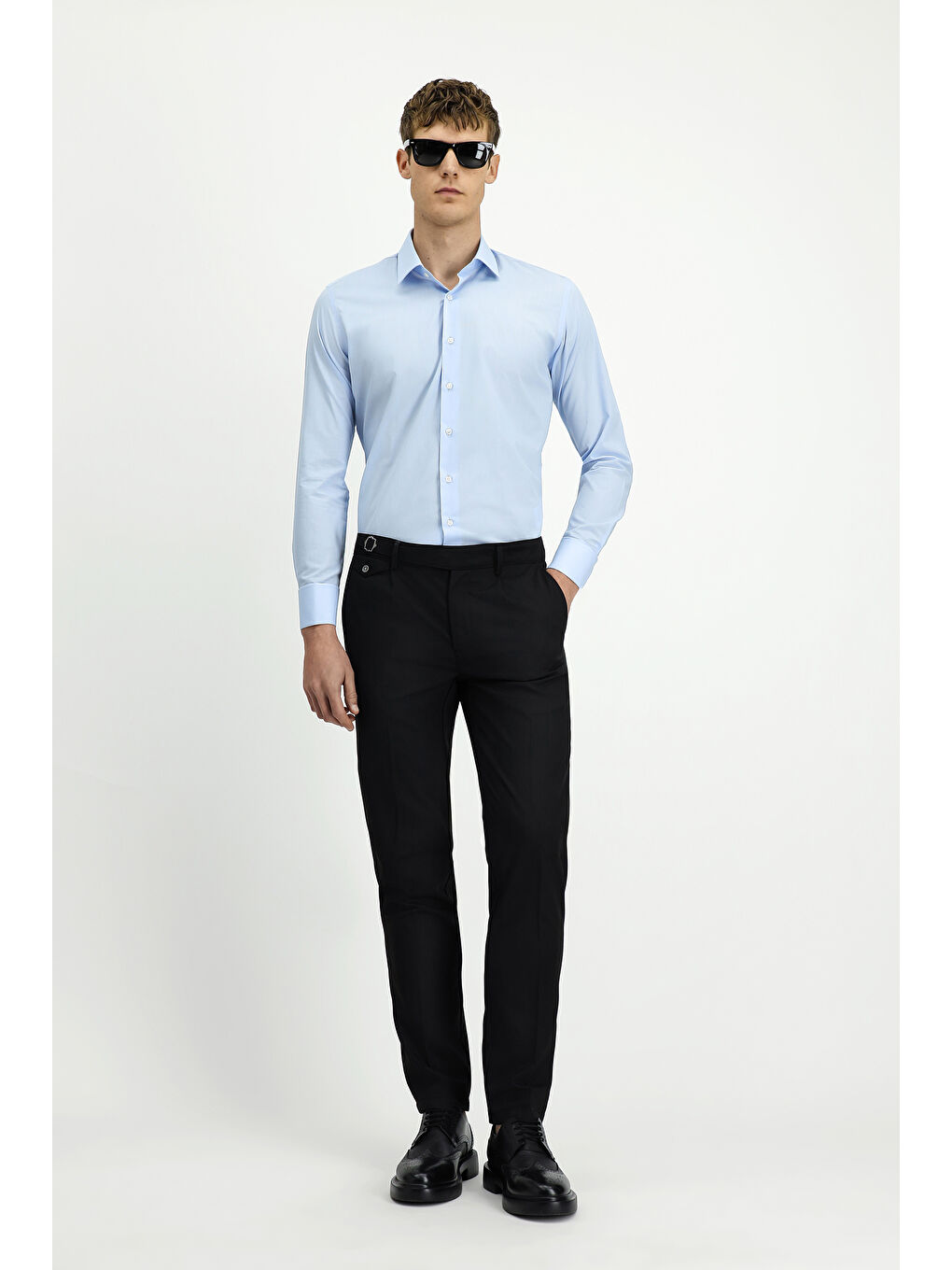 Mavi Uzun Kol Slim Fit Dar Kesim Klasik Manşetli Pamuk Gömlek-1