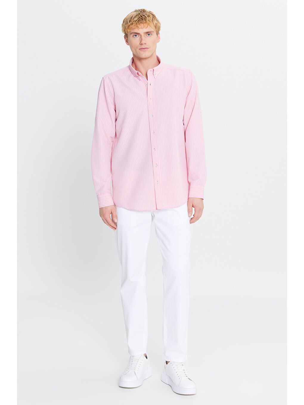 Erkek Pembe Tailored Slim Fit Dar Kesim Düğmeli Yaka Gofre Desenli Gömlek-1
