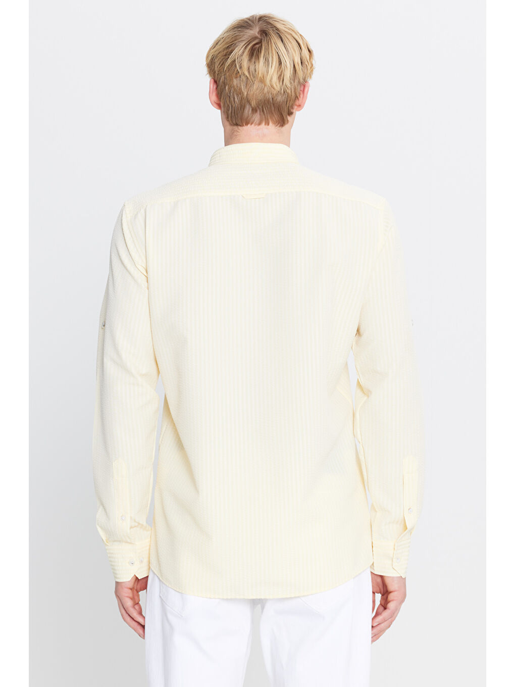 Erkek Sarı Tailored Slim Fit Dar Kesim Düğmeli Yaka Gofre Desenli Gömlek-4