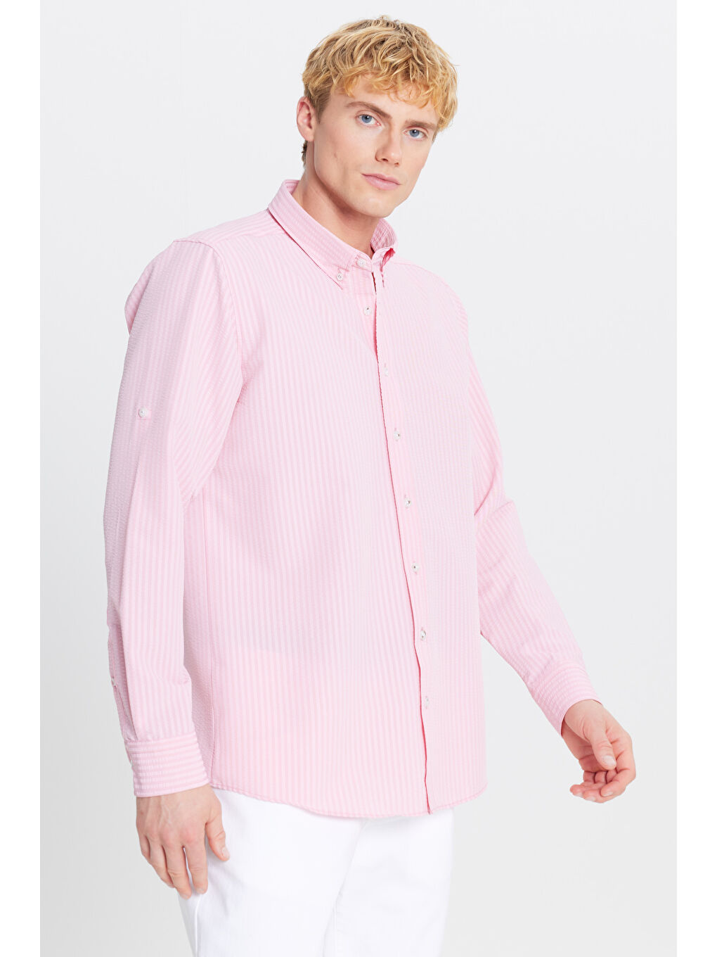 Erkek Pembe Tailored Slim Fit Dar Kesim Düğmeli Yaka Gofre Desenli Gömlek-2