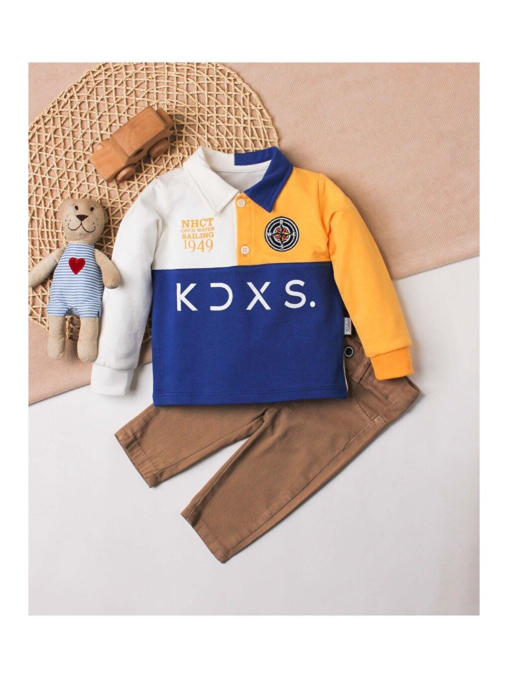 Mavi Erkek Bebek Pamuklu Polo Takım Pantolon Üst İkili Takım-4