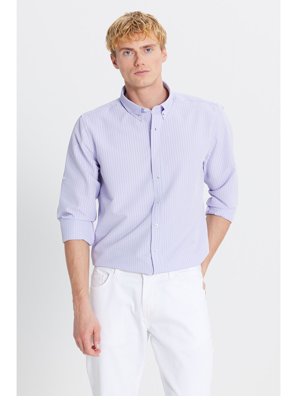 Erkek Lila Tailored Slim Fit Dar Kesim Düğmeli Yaka Gofre Desenli Gömlek