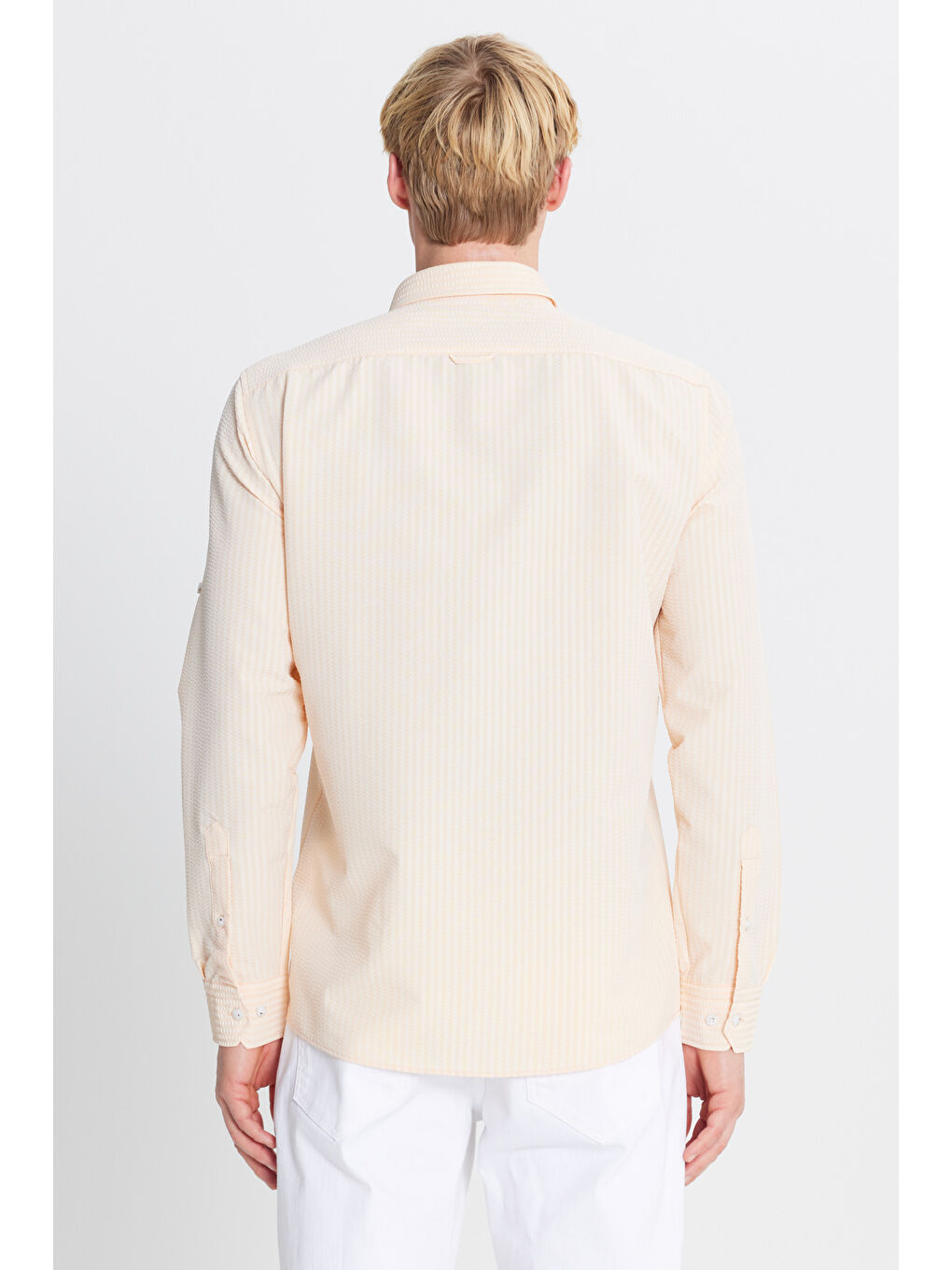 Turuncu Erkek Yavruağzı Tailored Slim Fit Dar Kesim Düğmeli Yaka Gofre Desenli Gömlek-4