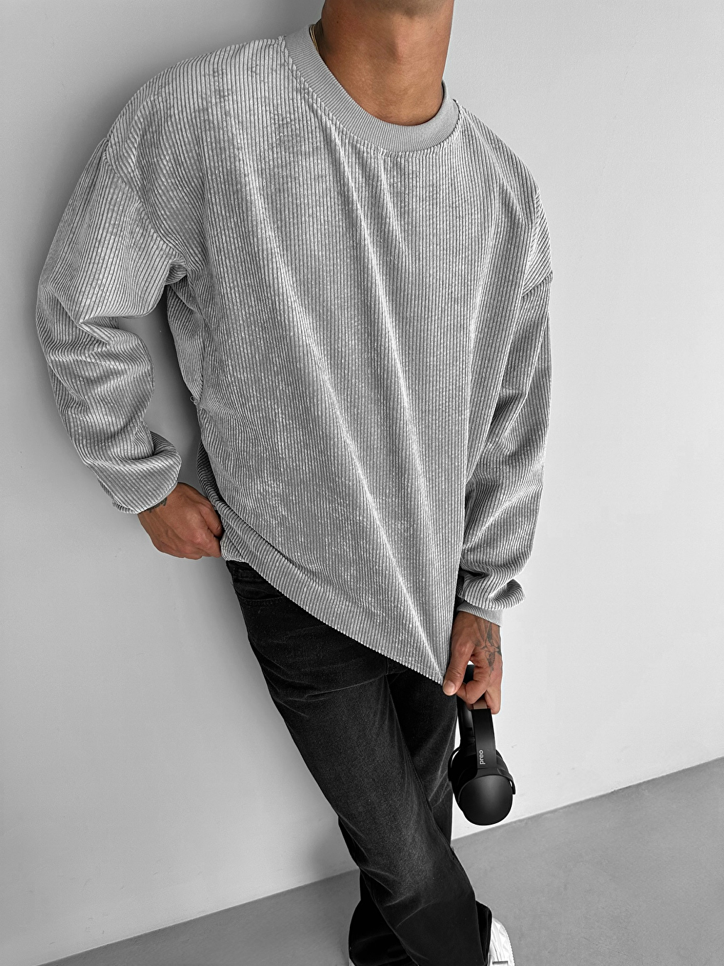 Erkek Oversize Kadife Dokulu %100 Pamuk Sweatshirt Gri-1