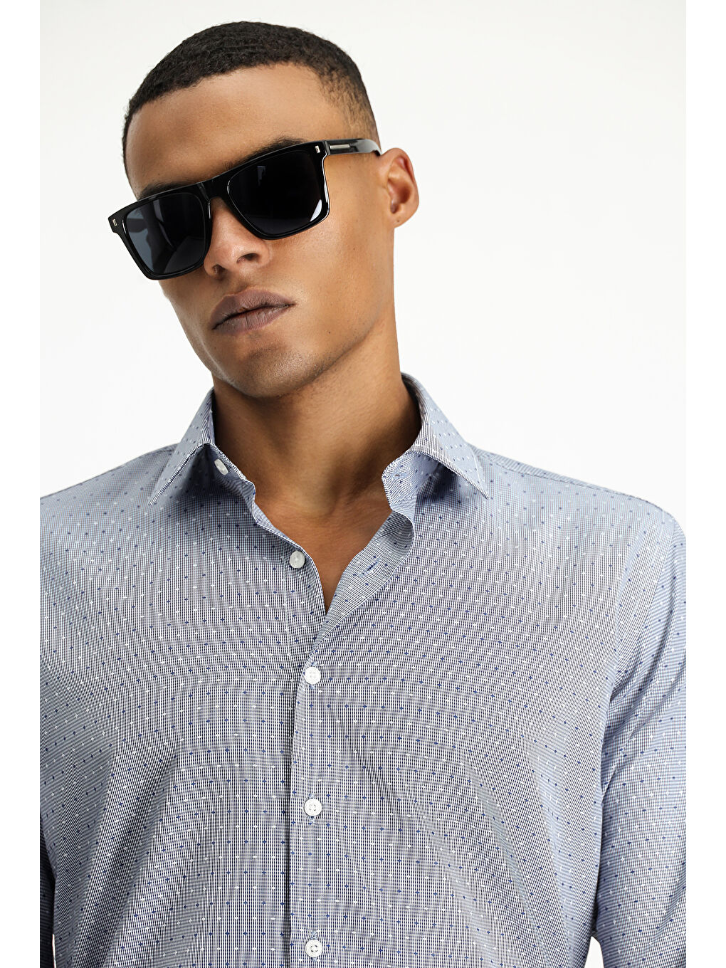 Lacivert Uzun Kol Slim Fit Dar Kesim Desenli Klasik Pamuklu Kolay Ütülenebilir Gömlek-2