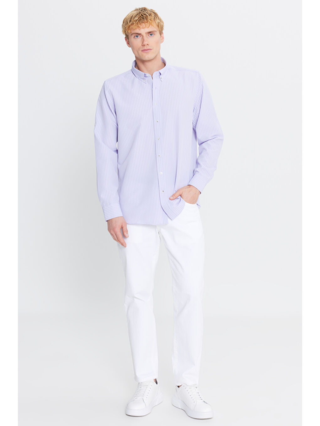 Erkek Lila Tailored Slim Fit Dar Kesim Düğmeli Yaka Gofre Desenli Gömlek-1