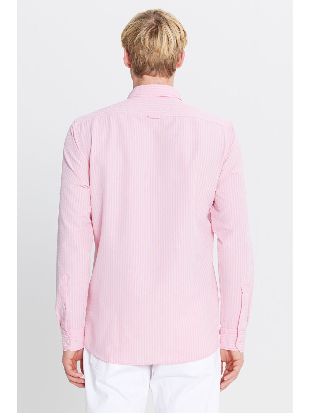 Erkek Pembe Tailored Slim Fit Dar Kesim Düğmeli Yaka Gofre Desenli Gömlek-4