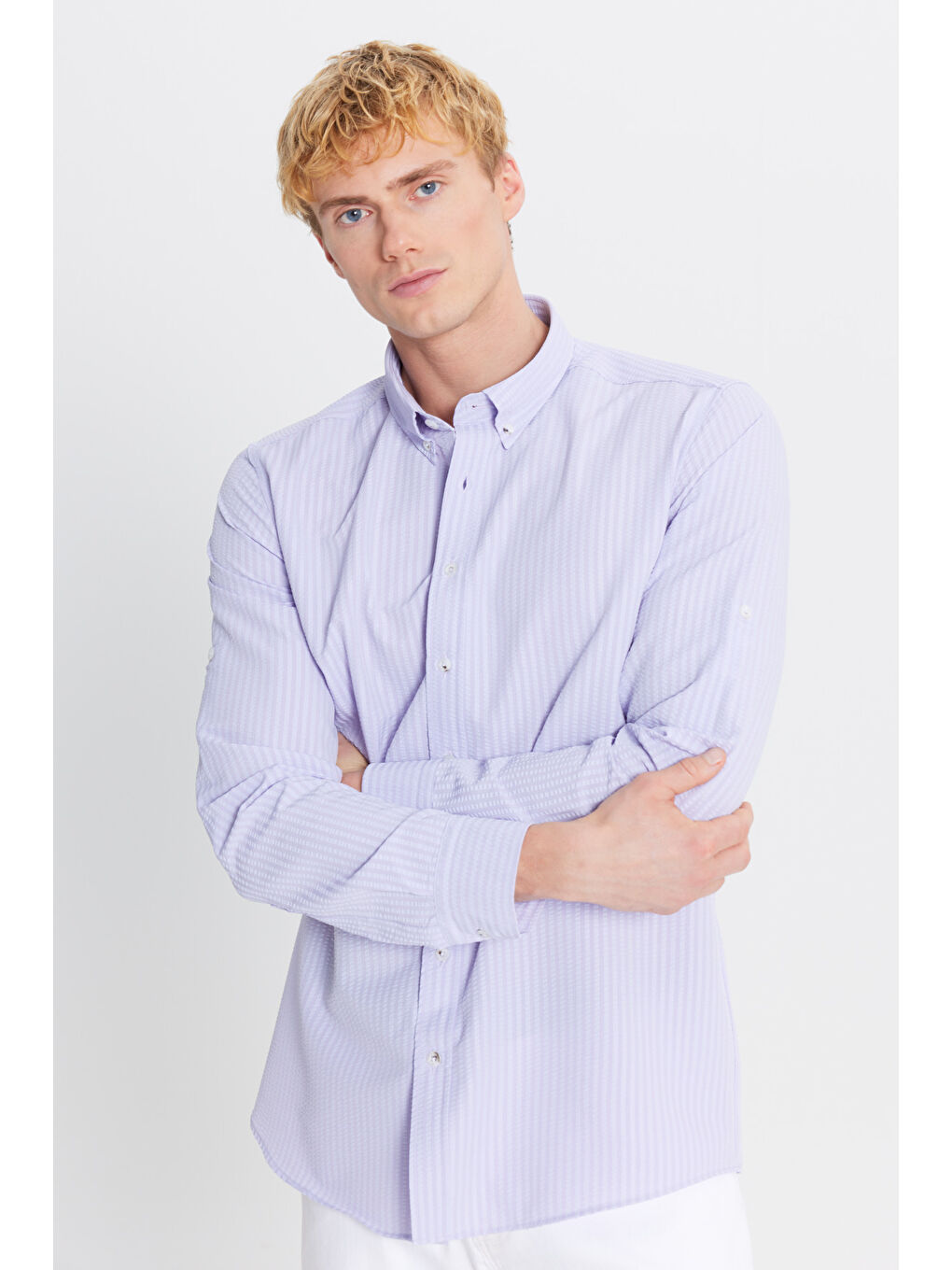 Erkek Lila Tailored Slim Fit Dar Kesim Düğmeli Yaka Gofre Desenli Gömlek-2