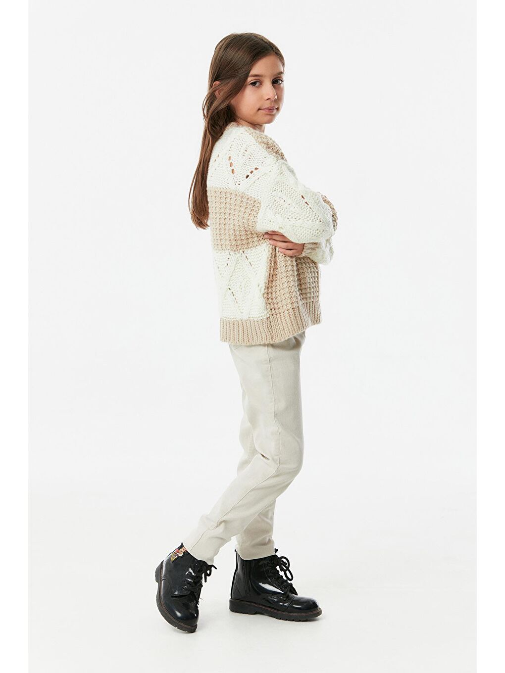 Bej Örgülü Dik Yaka Kız Çocuk Triko Kazak-4