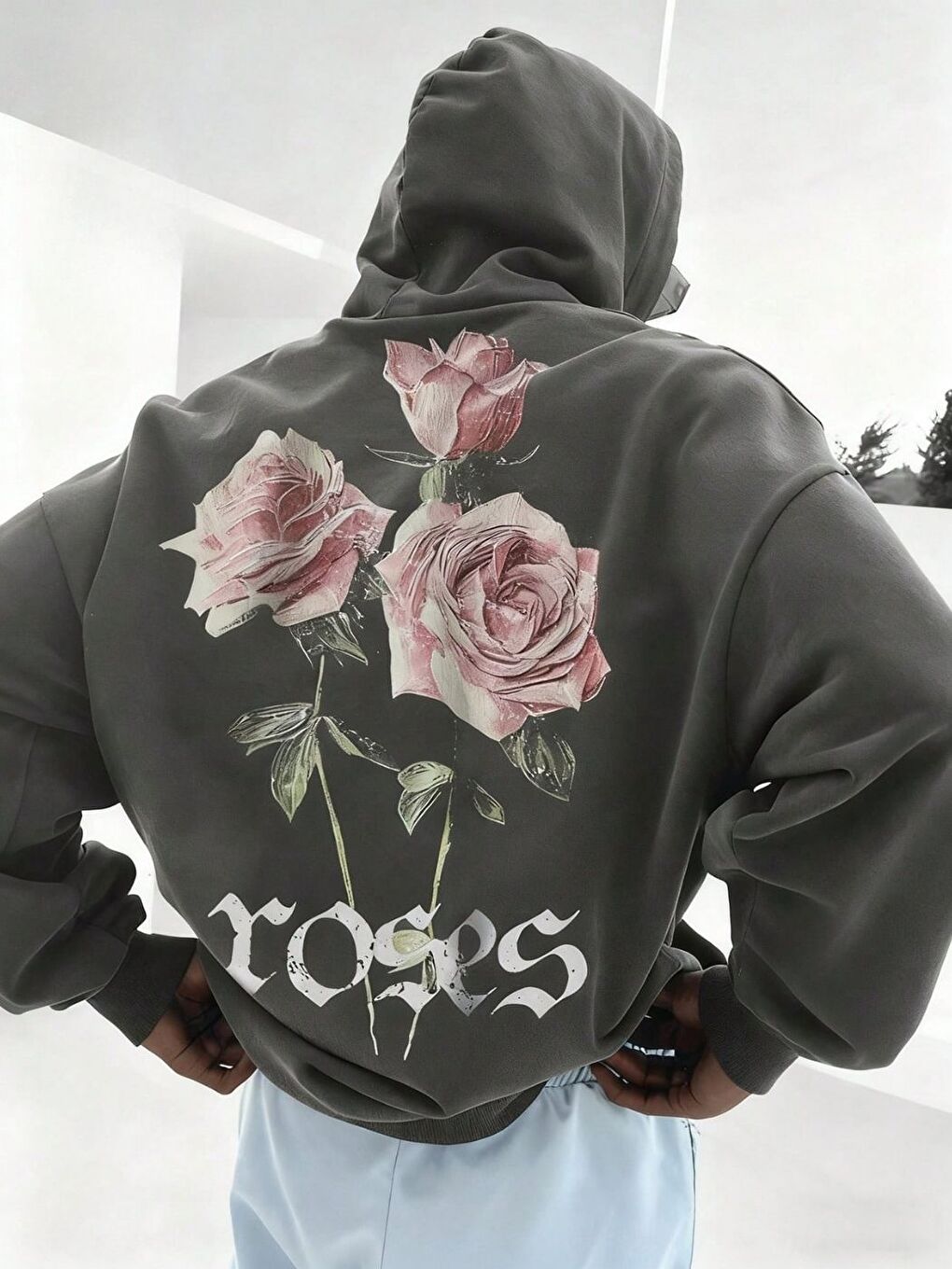 Gri Füme Live Roses Baskılı Oversize Sweatshirt