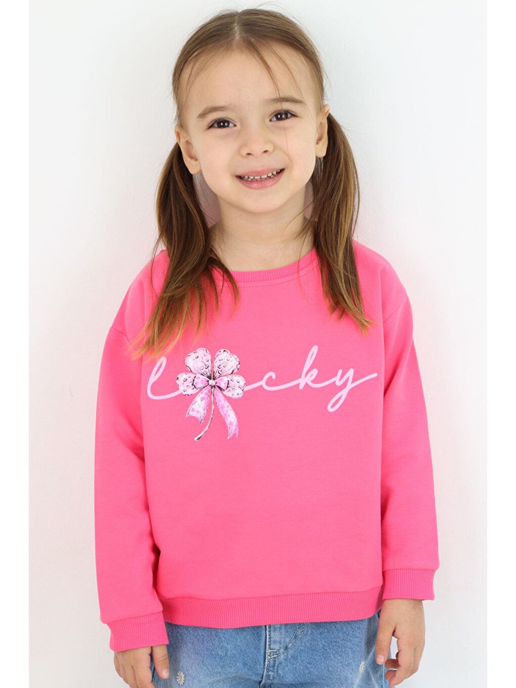 Kız Çocuk Sweatshirt Fiyonklu Çiçek Baskılı Pembe (2-4 Yaş)