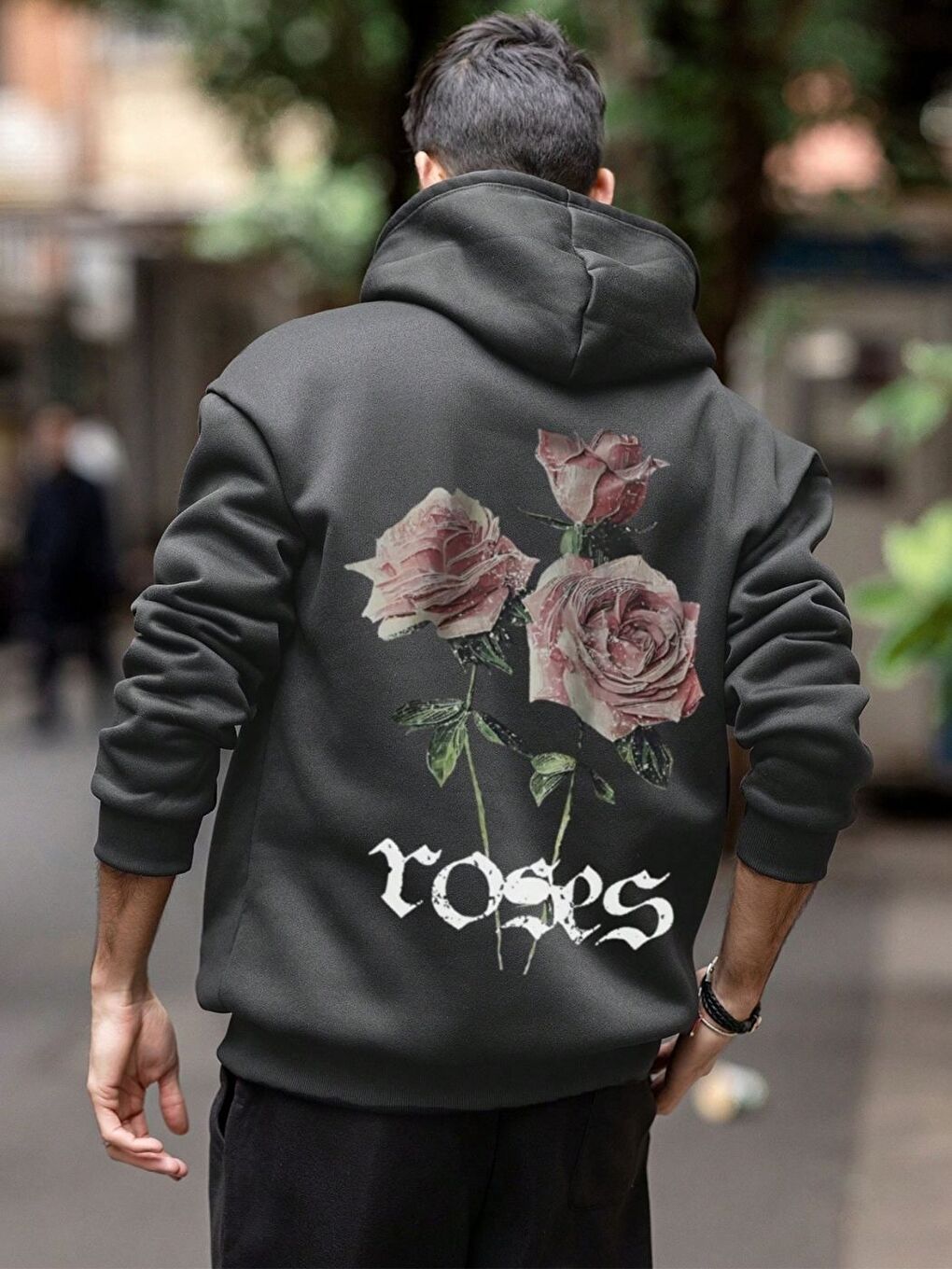 Gri Füme Live Roses Baskılı Oversize Sweatshirt-2
