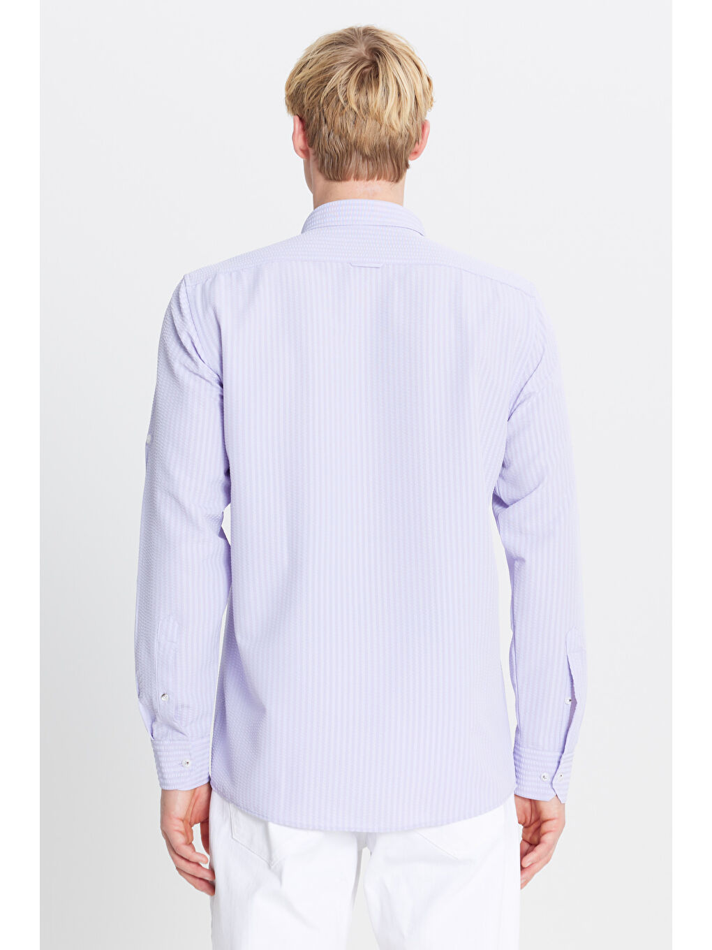 Erkek Lila Tailored Slim Fit Dar Kesim Düğmeli Yaka Gofre Desenli Gömlek-4