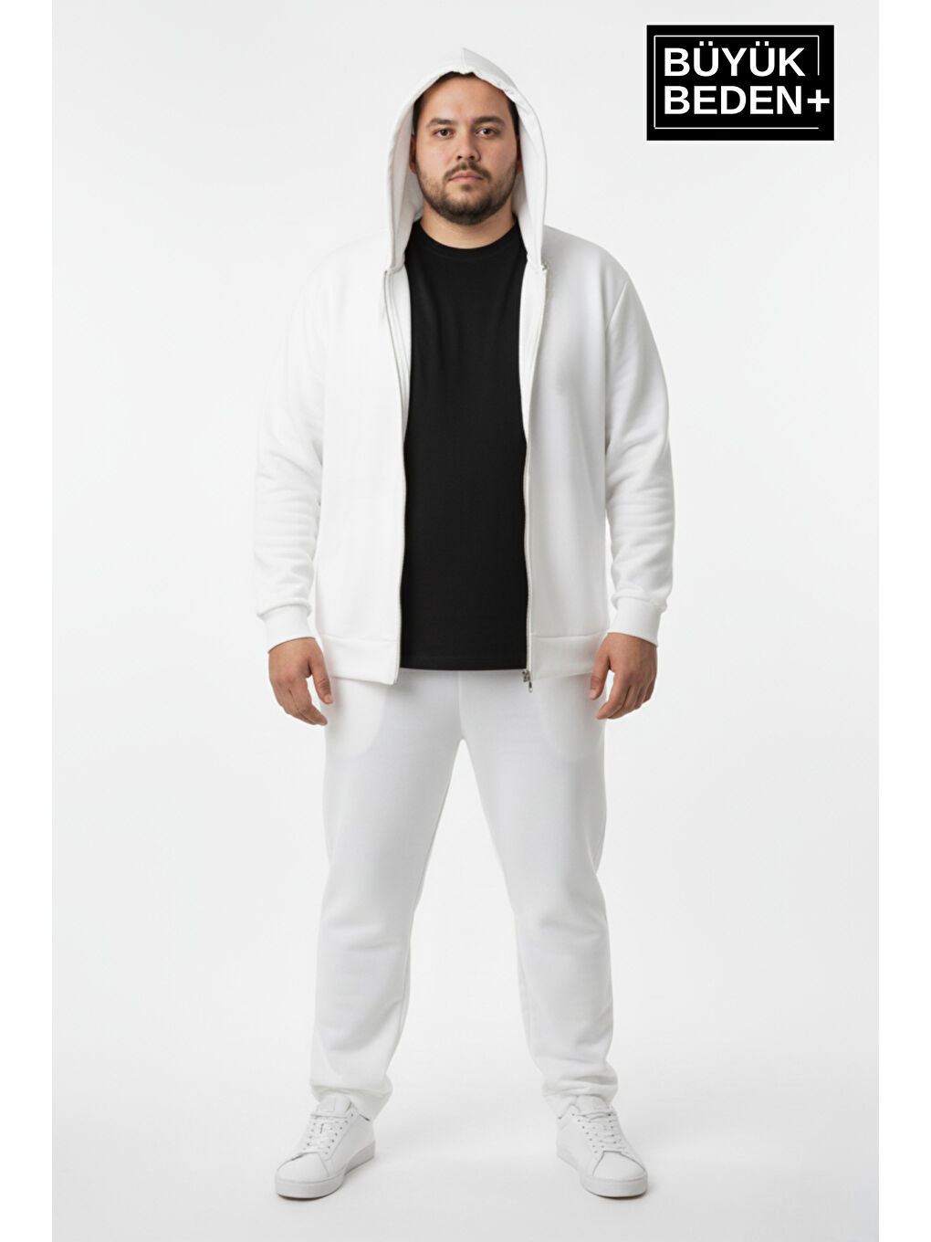 Ekru Erkek Büyük Beden Fermuarlı Kapüşonlu ince Sweatshirt Hırka - Rahat Kalıp SPR26BHR960