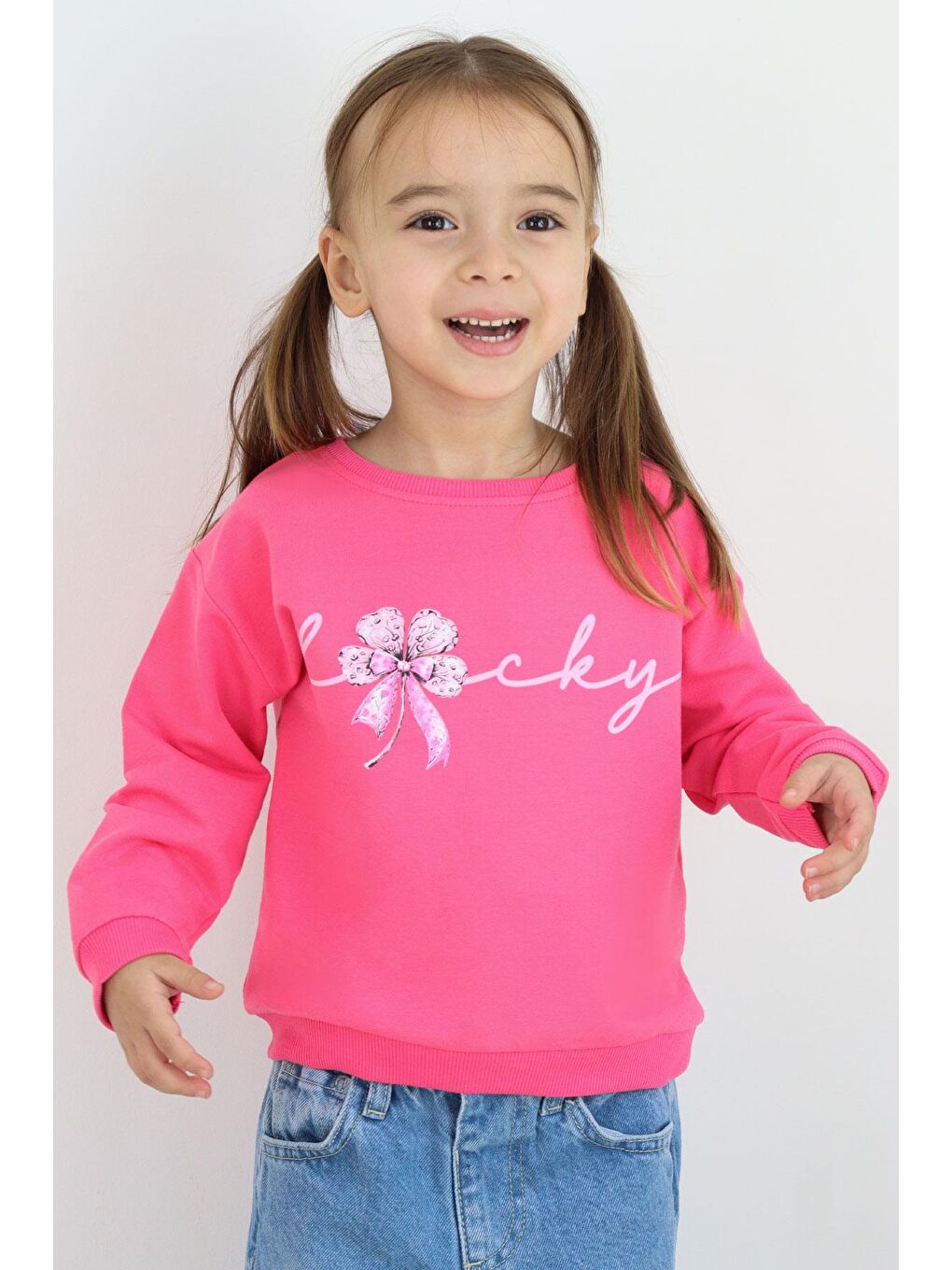 Kız Çocuk Sweatshirt Fiyonklu Çiçek Baskılı Pembe (2-4 Yaş)-1