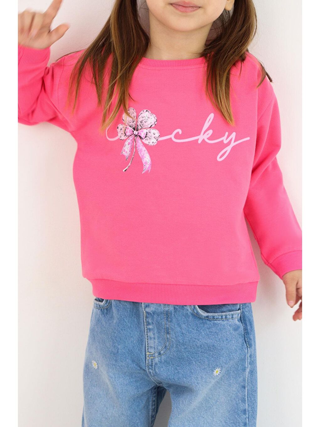 Kız Çocuk Sweatshirt Fiyonklu Çiçek Baskılı Pembe (2-4 Yaş)-2