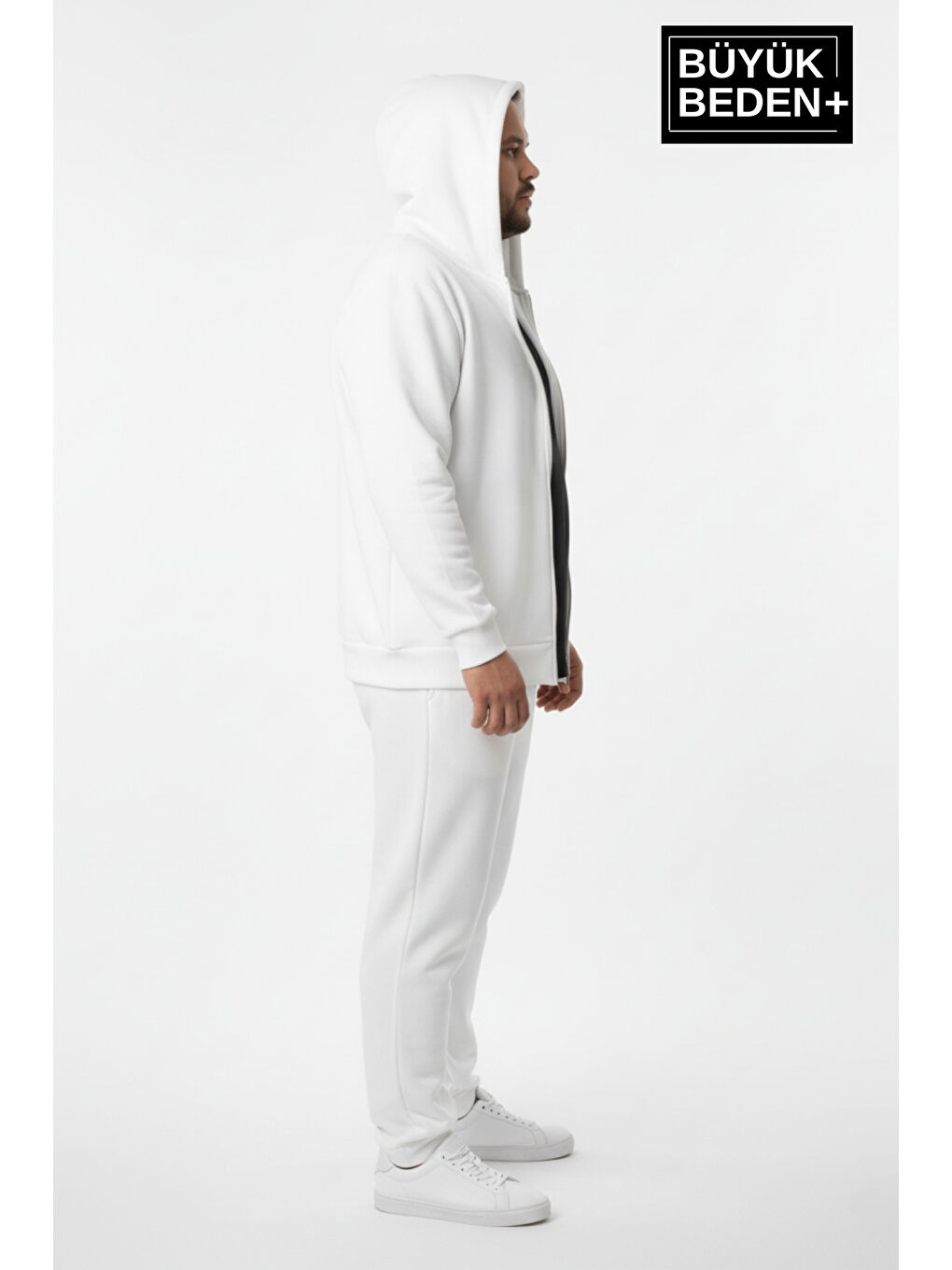 Ekru Erkek Büyük Beden Fermuarlı Kapüşonlu ince Sweatshirt Hırka - Rahat Kalıp SPR26BHR960-1