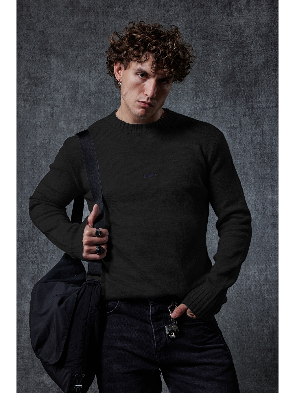 Erkek Regular Fit Bisiklet Yaka Kazak Siyah