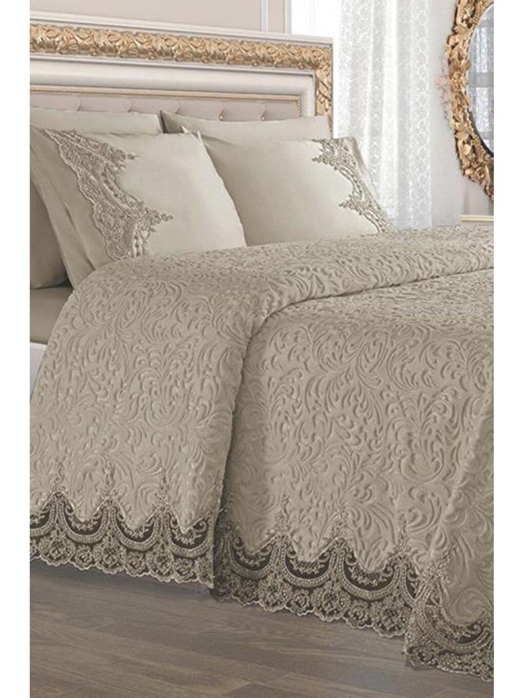 Karışık Fransız Güpürlü Çeyizlik Battaniye Takımı Arus Bej