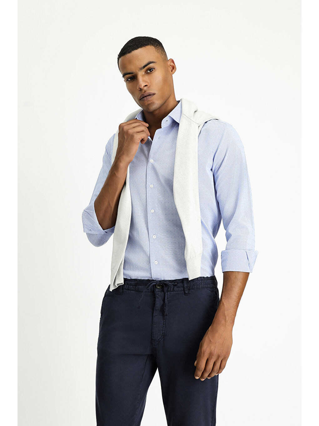 Mavi Uzun Kol Slim Fit Dar Kesim Desenli Klasik Pamuklu Kolay Ütülenebilir Gömlek-1