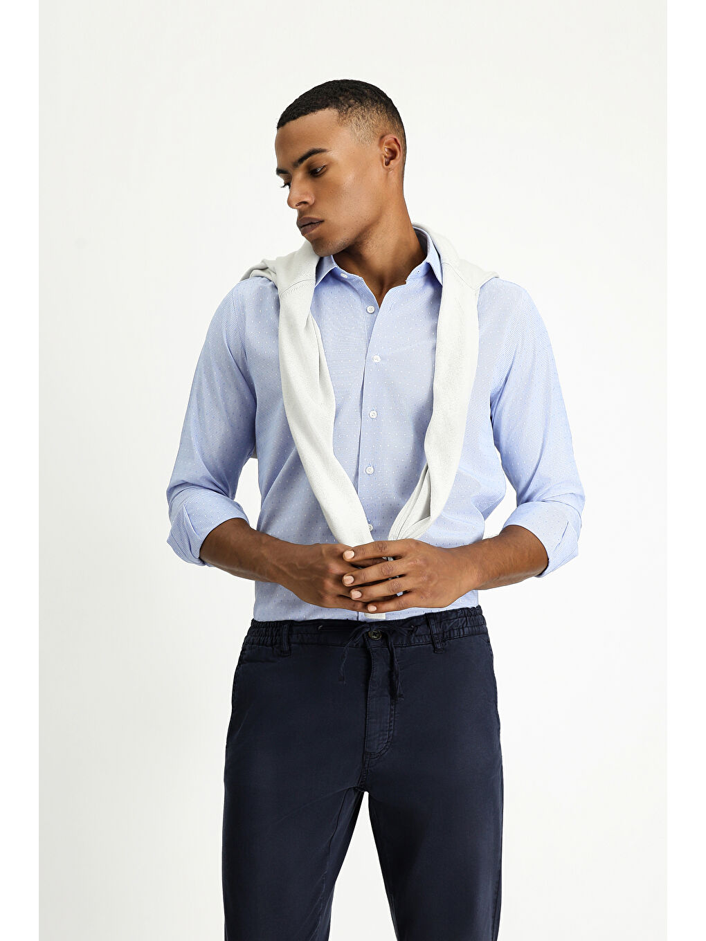 Mavi Uzun Kol Slim Fit Dar Kesim Desenli Klasik Pamuklu Kolay Ütülenebilir Gömlek-2