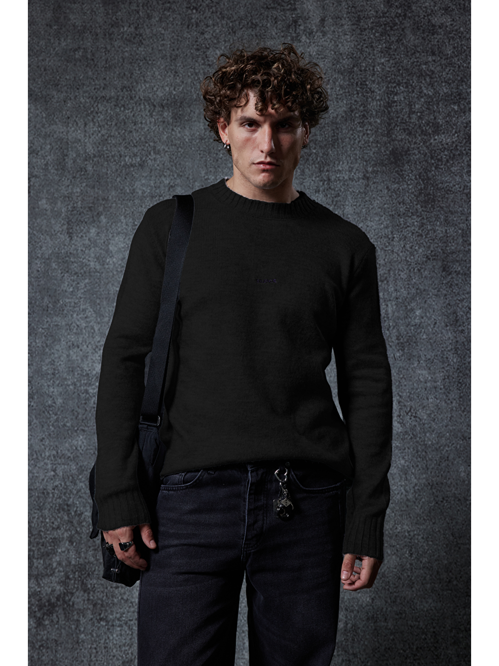 Erkek Regular Fit Bisiklet Yaka Kazak Siyah-1