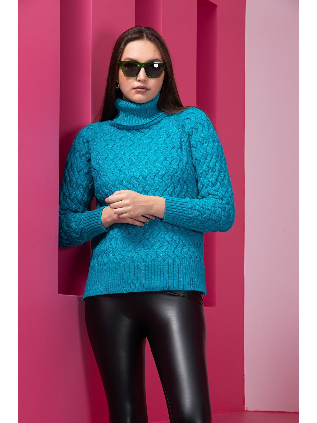 Turkuaz Kadın Sim Garnili Hasır Örgü Triko Kazak