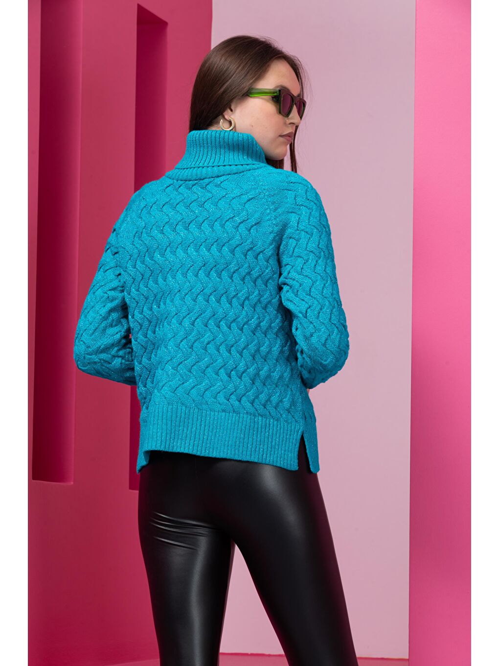 Turkuaz Kadın Sim Garnili Hasır Örgü Triko Kazak-3