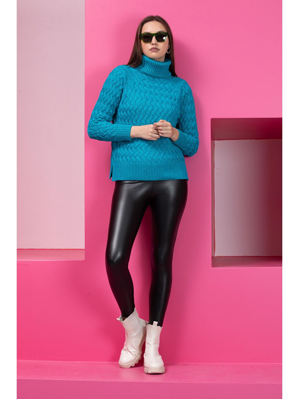 Turkuaz Kadın Sim Garnili Hasır Örgü Triko Kazak-4