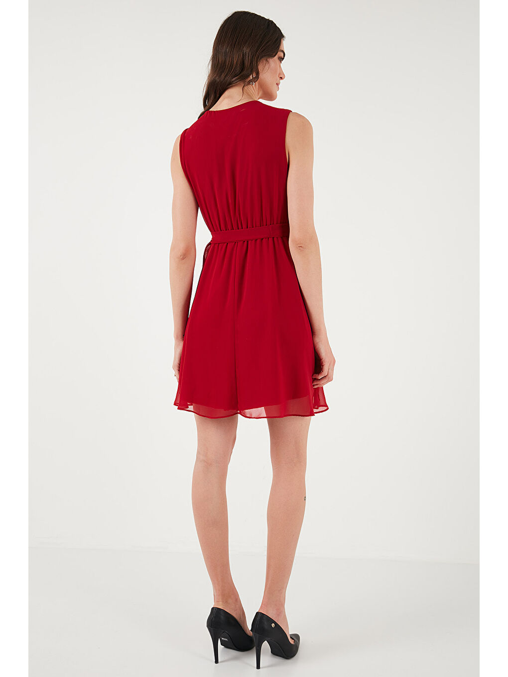 Kırmızı Regular Fit Kruvaze Yaka Bağlama Detaylı Şifon Mini Boy Kadın Elbise 6789075-6