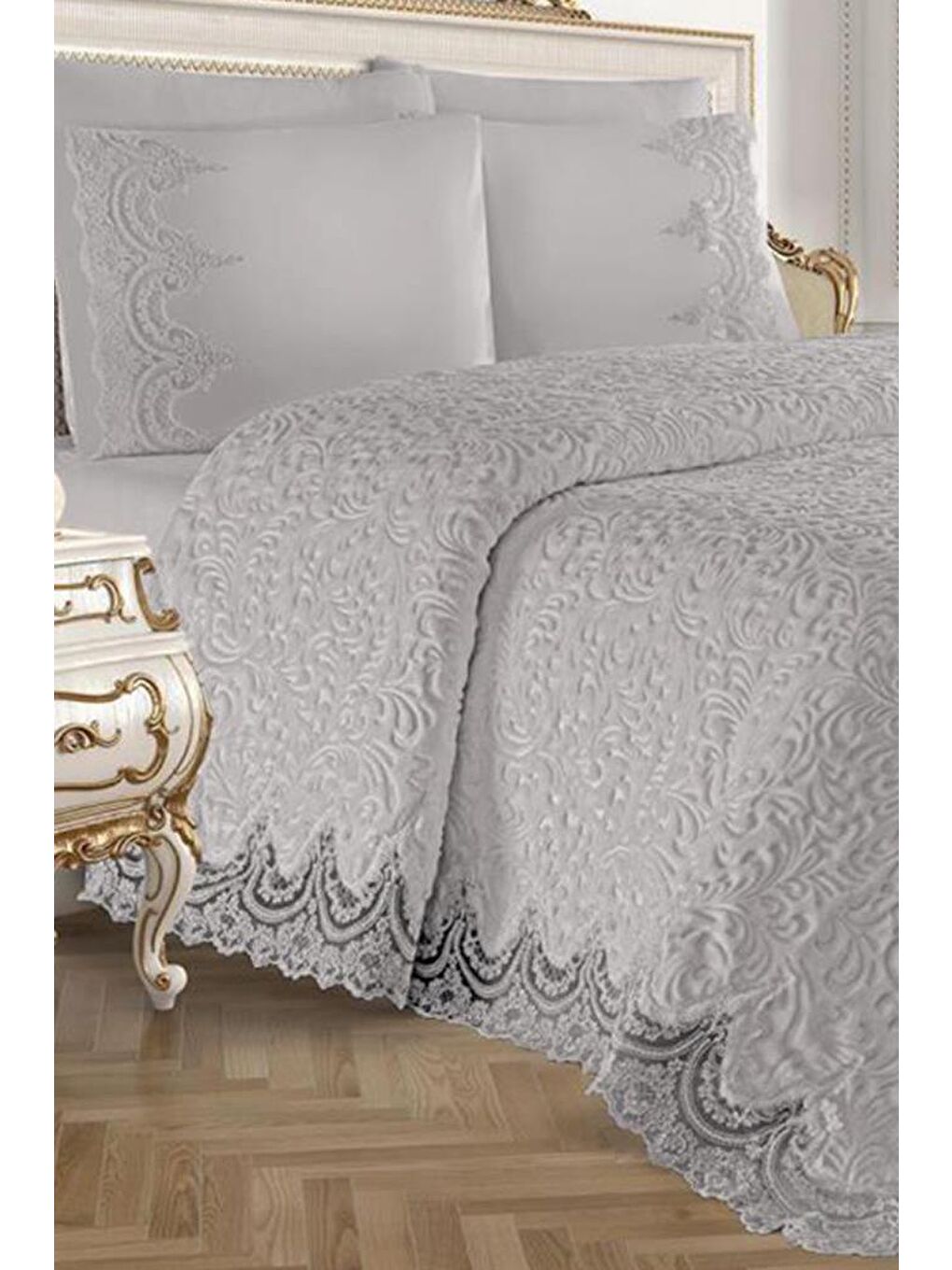 Fransız Güpürlü Arus Battaniye Takımı Gri