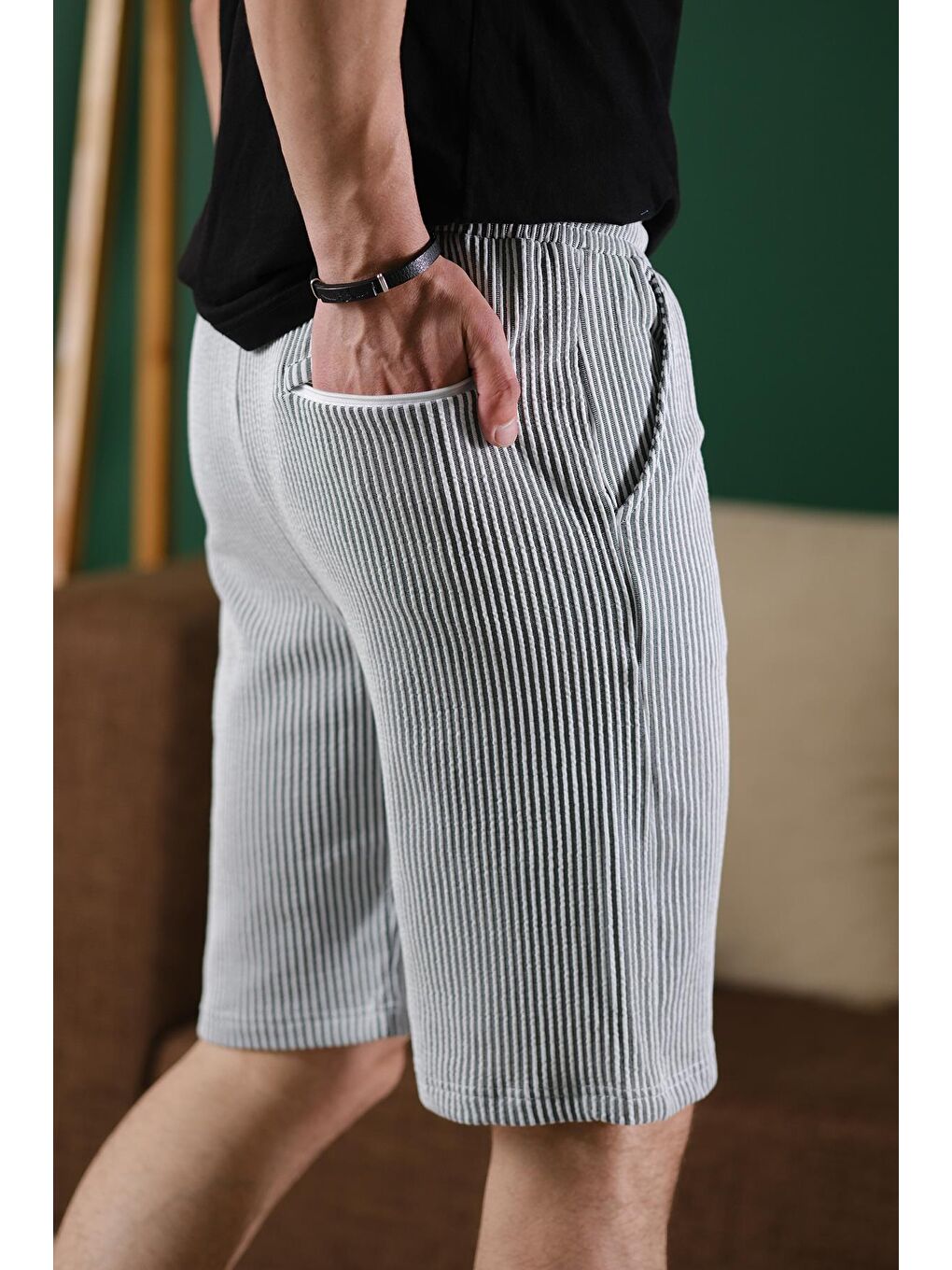 Antrasit Ethan Çizgili Dokuma Slim Fit Elastanlı Erkek Bermuda Şort-3