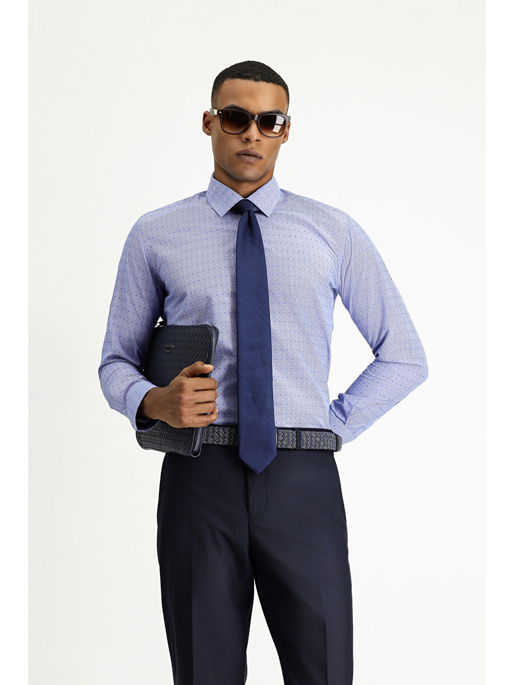 Mavi Uzun Kol Slim Fit Dar Kesim Desenli Klasik Pamuklu Kolay Ütülenebilir Gömlek