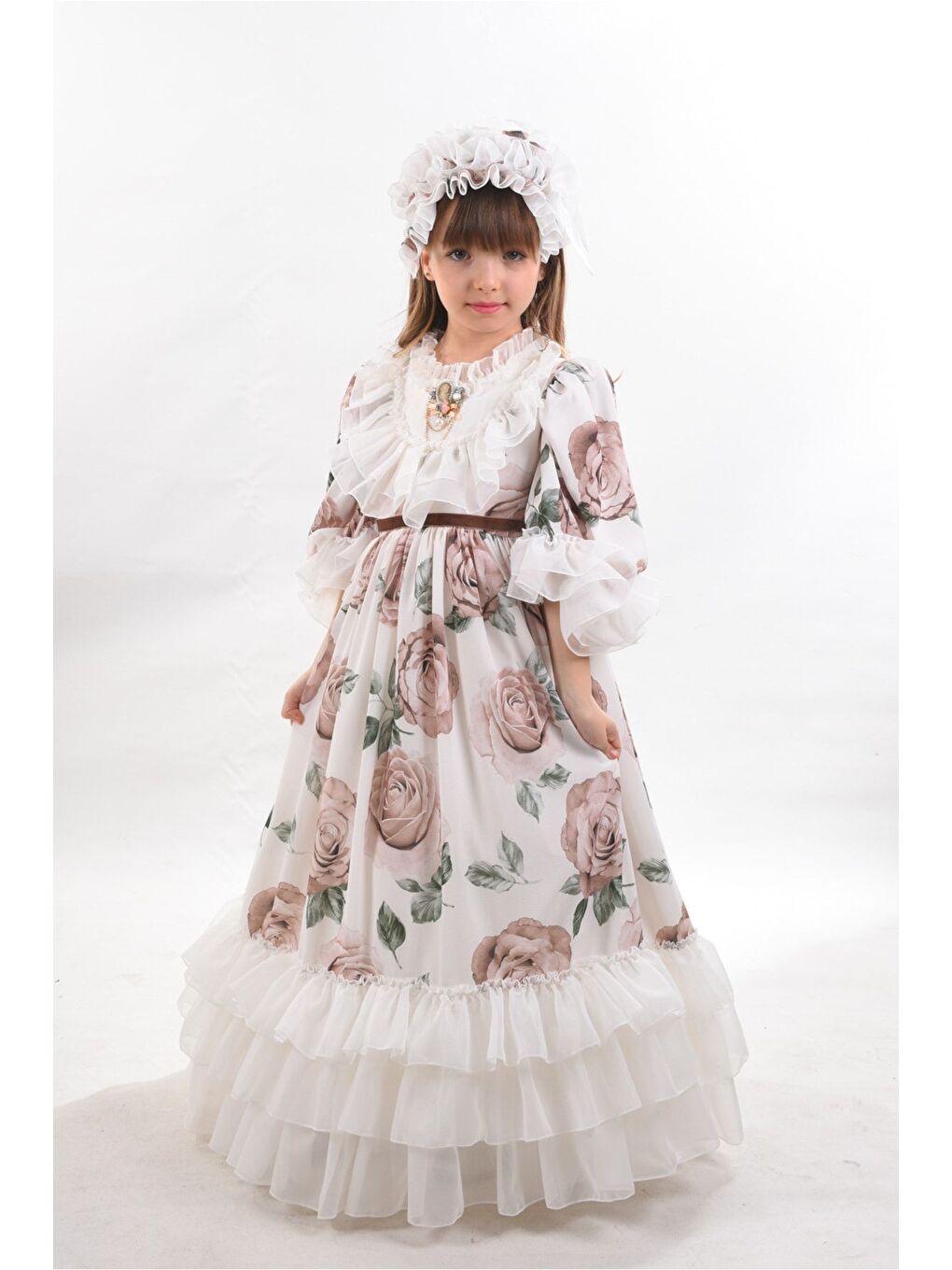 Bej Özel Tasarım Kız Çocuk Uzun Vintage Elbise, Kolye Ve Saç Aksesuarlı Abiye Elbise_M2346-5
