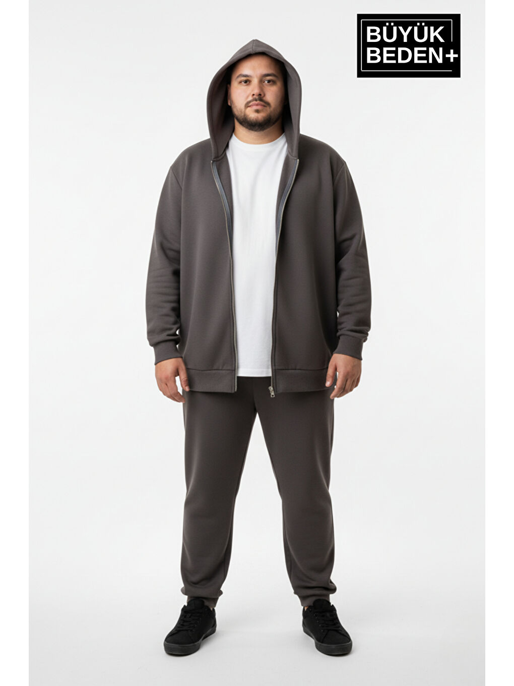 Gri Erkek Büyük Beden Fermuarlı Kapüşonlu ince Sweatshirt Hırka - Rahat Kalıp SPR26BHR960