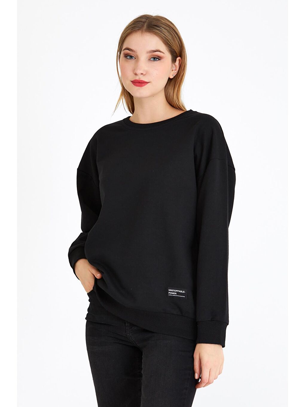 MMETALIC Siyah Kadın Siyah Renk Basic Bisiklet Yaka Sweatshirt