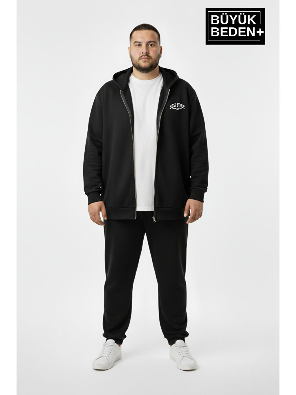 Siyah Erkek Büyük Beden Fermuarlı Kapüşonlu New York Baskılı ince Sweatshirt Hırka SPR26BHR923