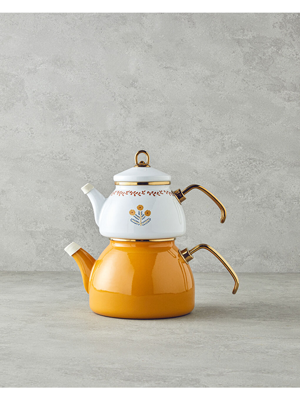 Ornate Retro Emaye Çaydanlık 1,1 Litre + 2,3 Litre Beyaz-Hardal