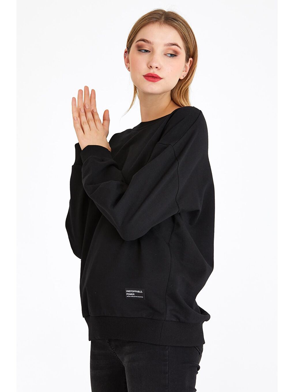 MMETALIC Siyah Kadın Siyah Renk Basic Bisiklet Yaka Sweatshirt - 2