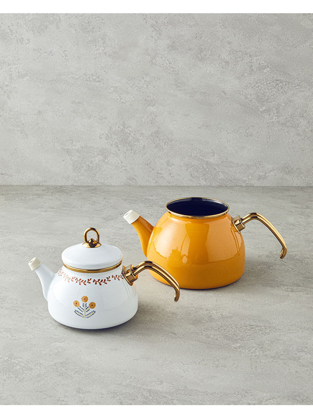 Ornate Retro Emaye Çaydanlık 1,1 Litre + 2,3 Litre Beyaz-Hardal-1