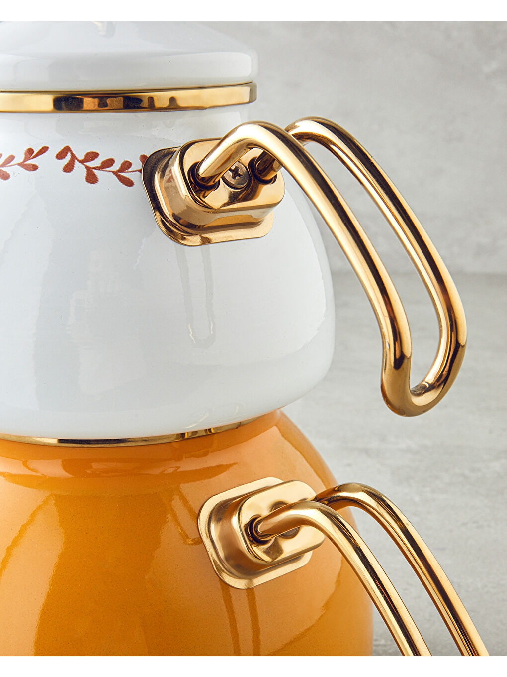 Ornate Retro Emaye Çaydanlık 1,1 Litre + 2,3 Litre Beyaz-Hardal-3