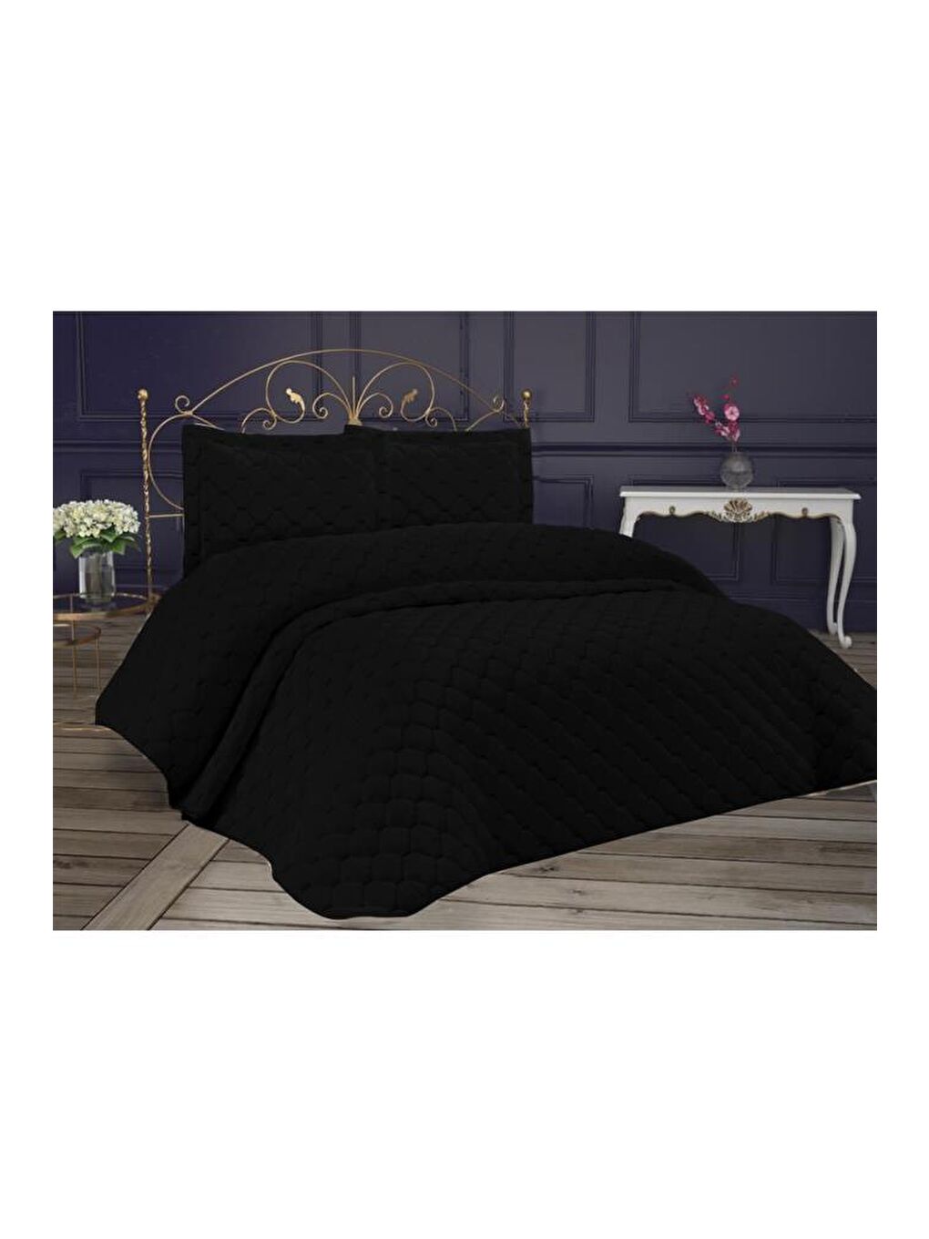 Lima Kadife Dolgulu Tek Kişilik Yatak Örtüsü Siyah-1