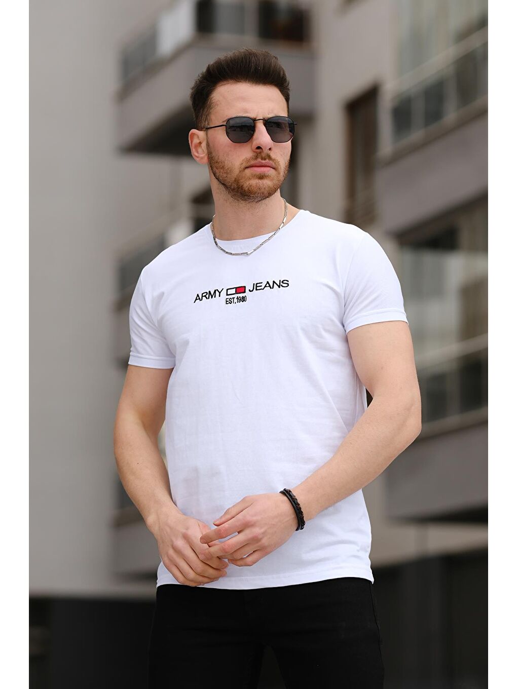 Oksit Beyaz Army Nakışlı Slim Fit Likralı Erkek Tshirt