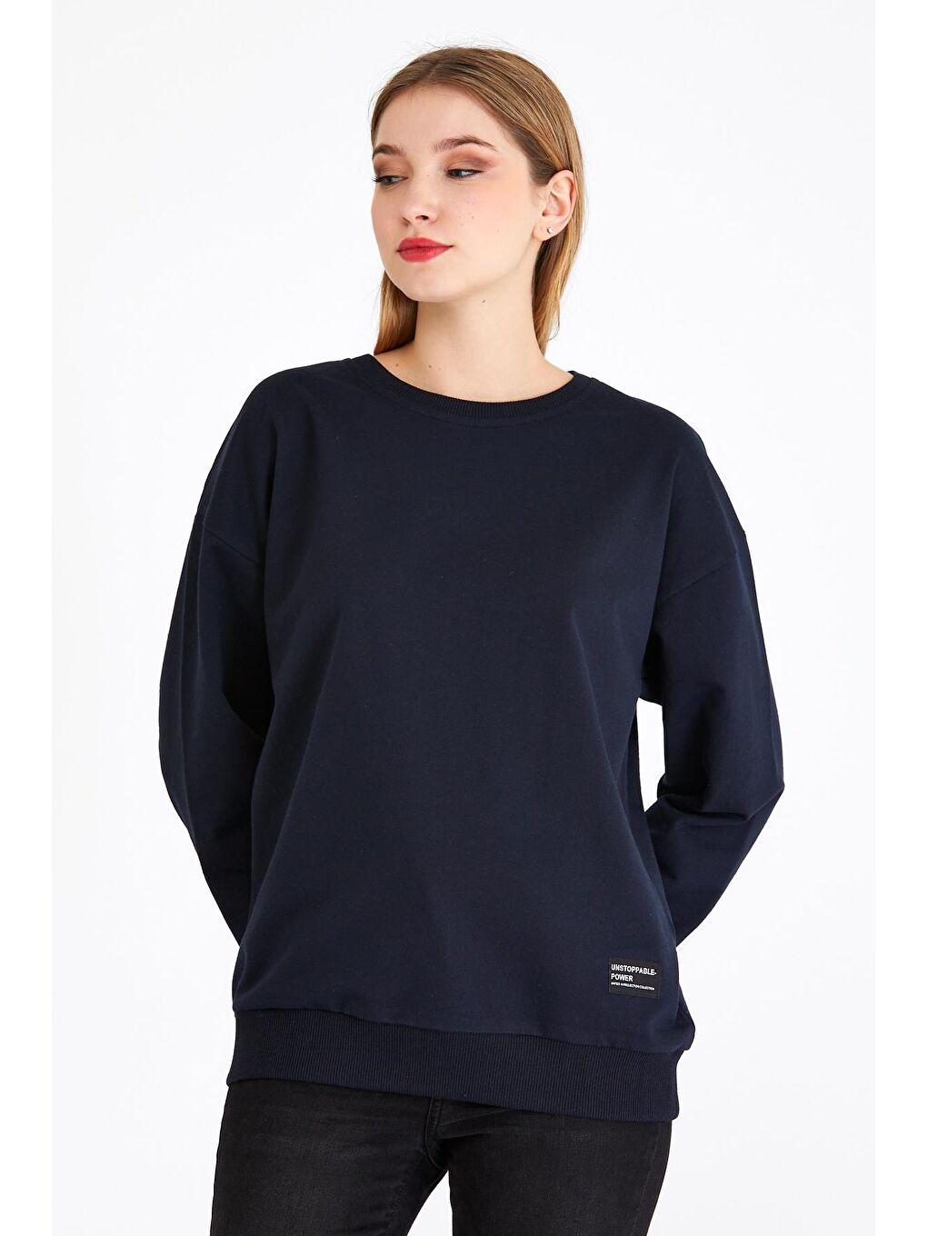 Kadın Lacivert Renk Basic Bisiklet Yaka Sweatshirt