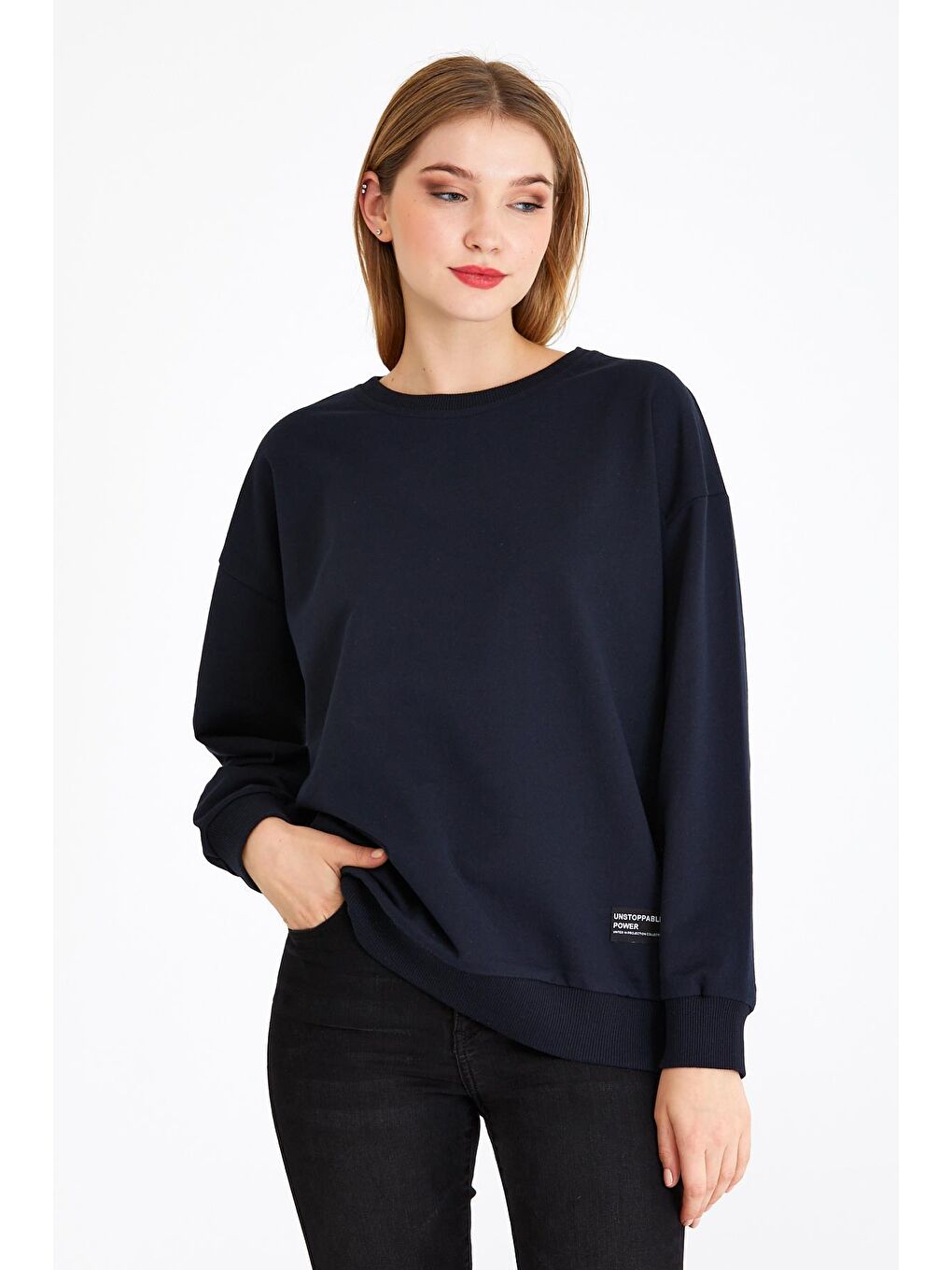 Kadın Lacivert Renk Basic Bisiklet Yaka Sweatshirt-1