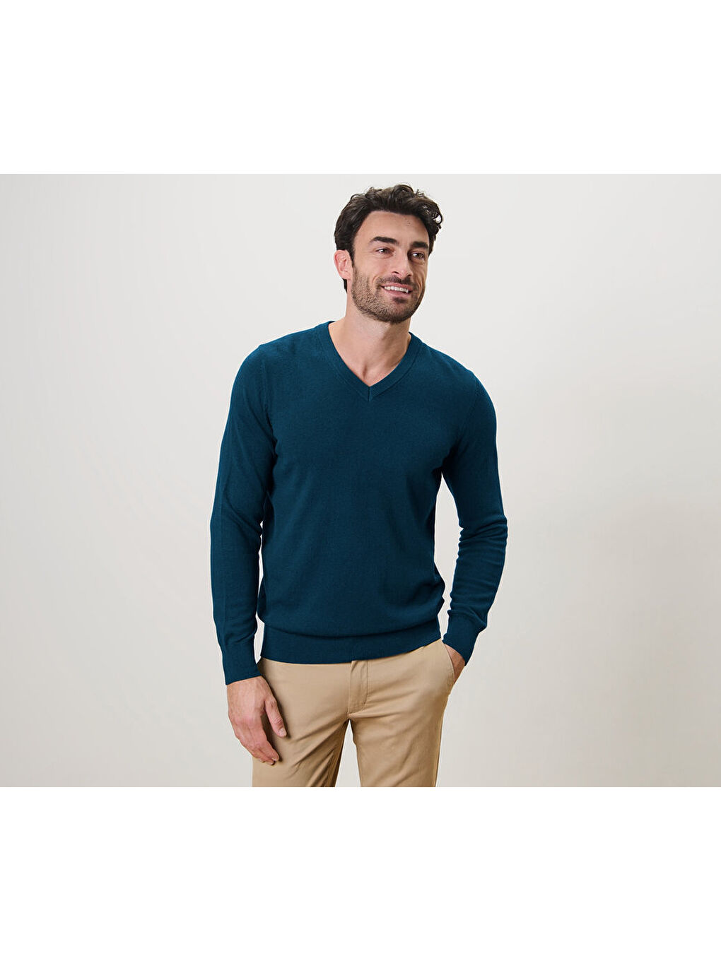 Erkek Kazak, V Yaka, GOTS, Petrol